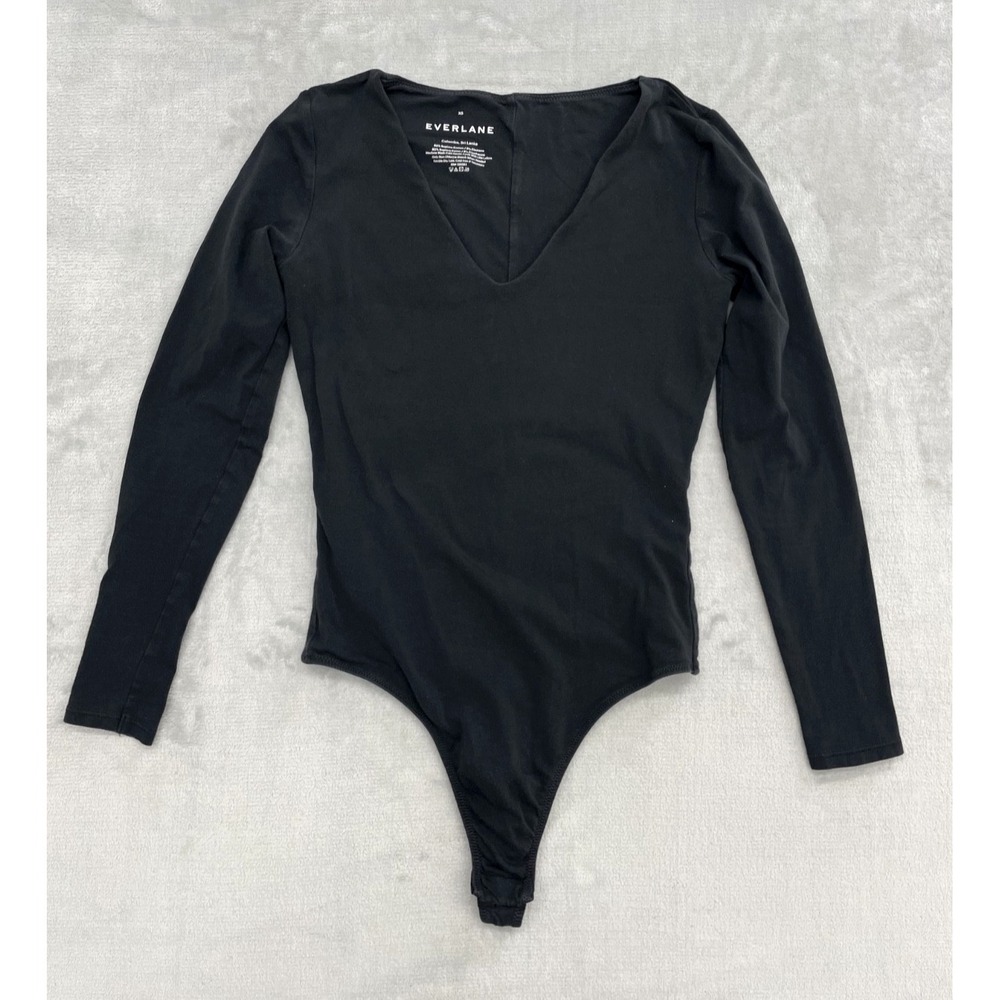 Everlane Bodysuit Women XS Black V Neck Long Sleeve Snap